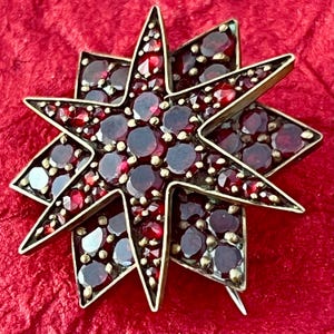 Antique Victorian Bohemian Garnet Starburst Brooch (Czechoslovakia, 1870-1890) 1.25”