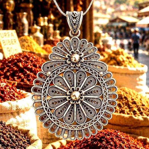 Turkish Filigree Pendant by DGS (New Sterling Silver Chain, 1990s) P- 2.50”, C-18”
