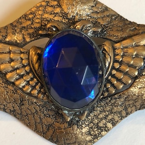 1925-1930: Antique Egyptian Revival Sash Pin (2.95”) Czech Glass Sapphire