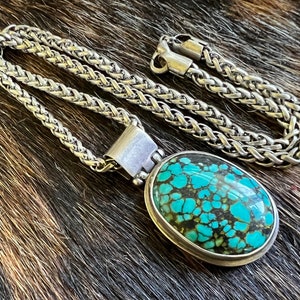 Chinese Spiderweb Turquoise Pendant (Sterling Silver) Huge Cabochon 1.75”, Chain 18”
