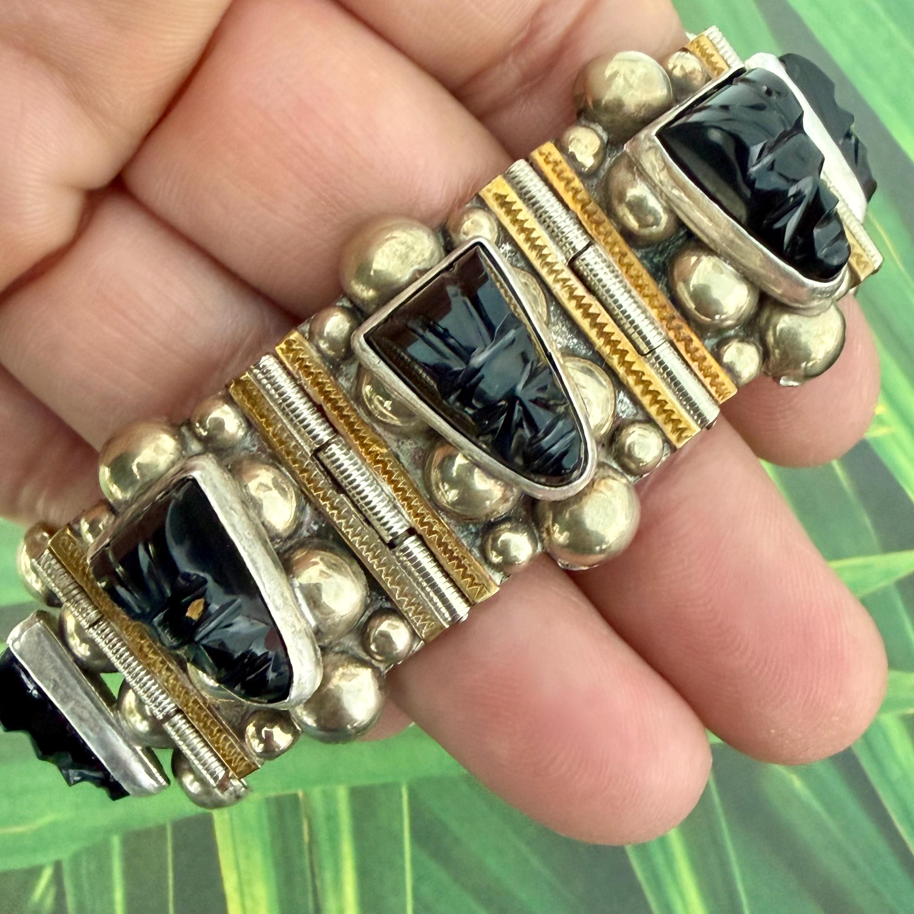1940s Mexican Aztec Warrior Bracelet (black Onyx, Alpaca, Bronze