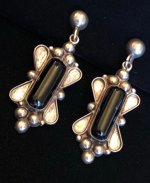 1940s Mexican Sterling Silver & Black Onyx Earrin… - image 1