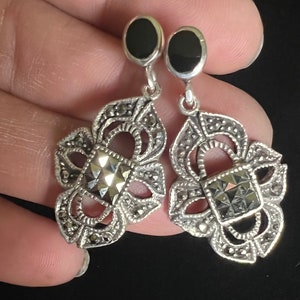 Vintage Marcasite & Sterling Silver Earrings - with Onyx Post Backs- 1.45”