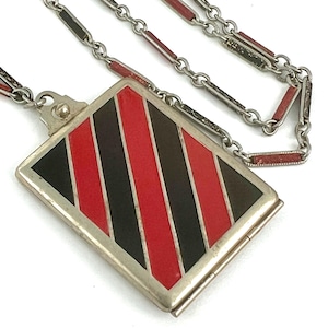 1920s Authentic Art Deco Locket (Aluminum & Enamel, Chain 24”, Locket 1.55”)