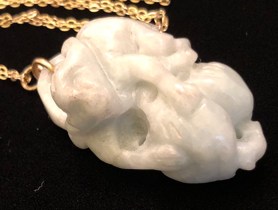 Carved Burmese Jade Pendant - Monkey, Peaches, I … - image 3