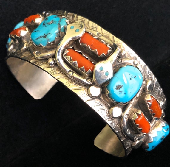 Extremely Intrictae Native American Navajo Turquoise Coral Sterling Silver Bracelet Extremely Intrictae Native American Navajo Turquoise Coral Sterling Silver Bracelet