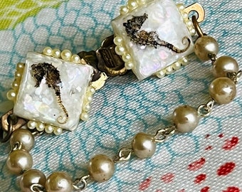 1950s Lucite Sweater clips- Seahorse & Pearlescent Glitter- Faux Pearl Loop