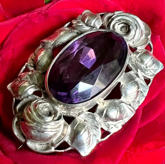 Antique Victorian Sterling Silver Glass Amethyst Brooch romantic