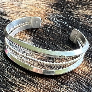 Tom Charley (Navajo) Sterling Silver Cuff: Crenelated Bands with Stamp Work and Twisted Wire Accent- Fits a 6&quot; Wrist  (No Adjustability)