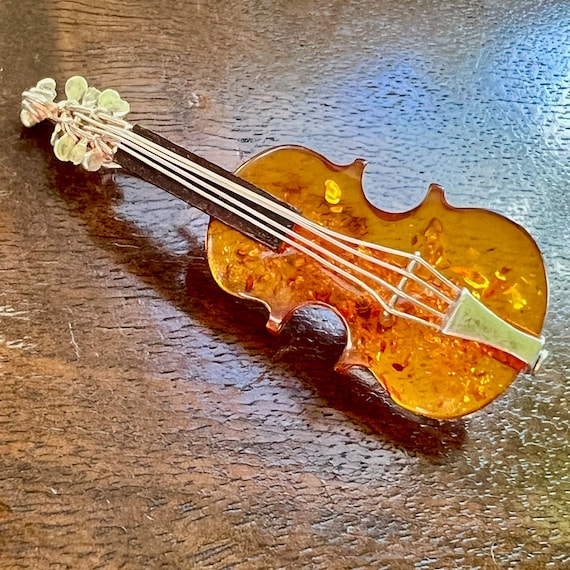 Natural Baltic Amber Violin Brooch (Sterling Silv… - image 2