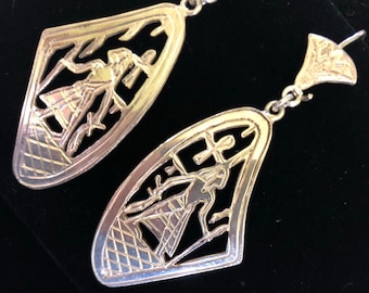 Larger 1970s Sterling Egyptian Earrings- 2.70"