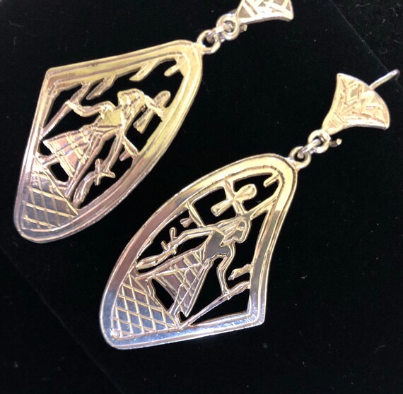 Larger 1970s Sterling Egyptian Earrings- 2.70"