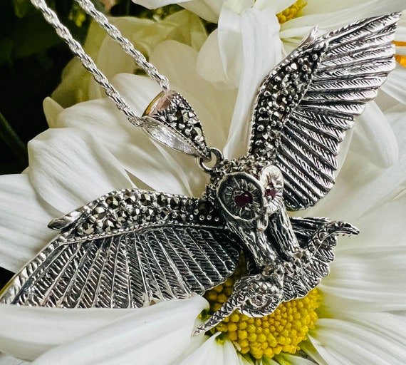 Sterling Silver & Marcasite Owl With Lovely Garne… - image 1