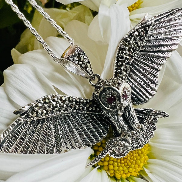 Sterling Silver & Marcasite Owl With Lovely Garnet Eyes (Thailand, 1990s) Pendant. 1.75” x 2.70”, Chain 18”