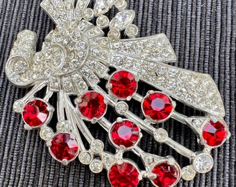 1930s Pot Metal Brooch- Siam Glass & Diamanté