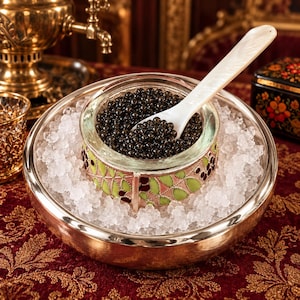 May include: A glass caviar bowl with a decorative metal base featuring green and red enamel inlays, nestled in a larger silver-toned metal bowl filled with crushed ice, accompanied by a white mother-of-pearl serving spoon filled with black caviar.