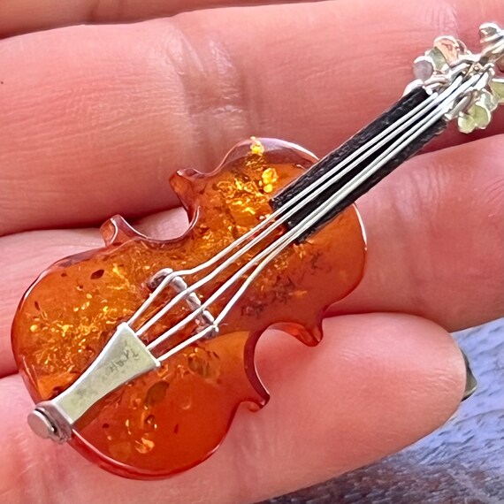 Natural Baltic Amber Violin Brooch (Sterling Silv… - image 8