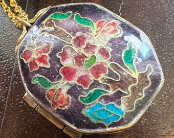 Chinese Export- Lotus Blossom Cloisonné Enamel Locket Early 1970s- Locket 1.50” Chain 22”