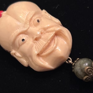 Japanese Seven Gods of Luck: Ebisu, Carved Bone with Jade Bead (1920s) 2.50”