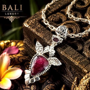 Balinese-Indonesian Artisan (Sterling Silver, Corundum Ruby, Mozambique Garnet) Pendant with Substantial Chain (1990s, Bali)