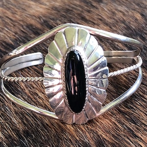 Vintage Navajo- Jason Livingston-Sterling Silver Cuff with Black Onyx (Interior 5.25, Gap 1”- Adjustable)