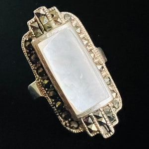 Marcasite- Sterling Silver & Mother of Pearl- Art Deco Style Ring (Size 6.75, Face of Ring 1.10”)