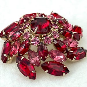 Siam Red & Brilliant Pink Rhinestone Brooch (1950-1965, Unknown Maker, Prong Set Navette Stones, 1.75”) Floral Design