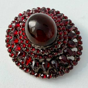 May include: An oval brooch featuring a large, smooth, dark red cabochon stone at the center, surrounded by multiple concentric layers of smaller, faceted, deep red stones set in a metallic frame with an intricate, openwork design.