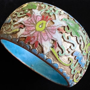Chinese Cloisonné Bangle- Floral  Design- Gilt Finishes (Med. Wrists, Width- 1.60”, Interior Measurement-8.25”)