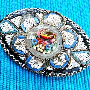 Antique Micro Mosaic Pin-Neutral Shades-Made in Italy-1890-1910  (Larger 2”)