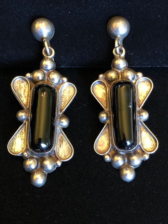 1940s Mexican Sterling Silver & Black Onyx Earrin… - image 2
