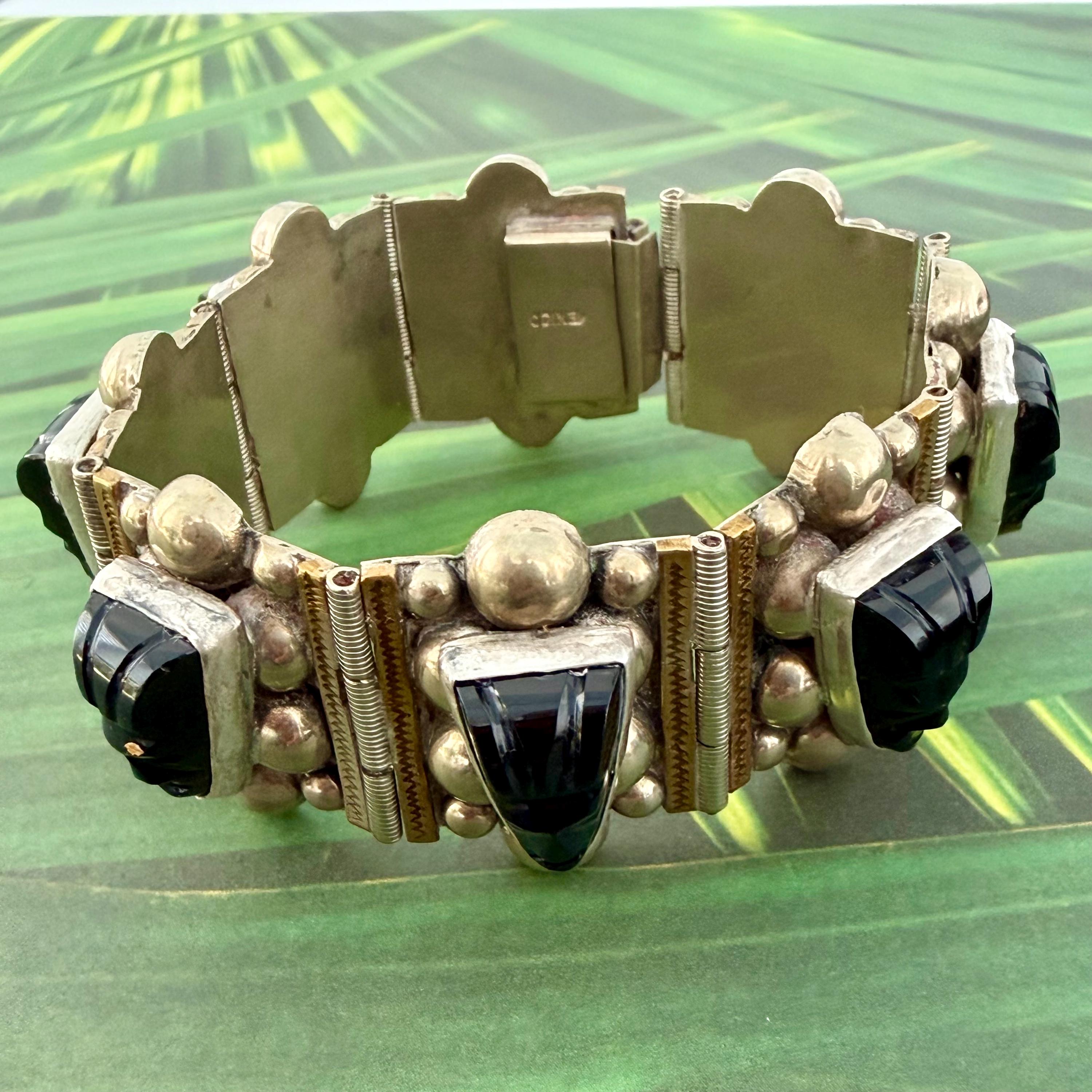 1940s Mexican Aztec Warrior Bracelet (black Onyx, Alpaca, Bronze