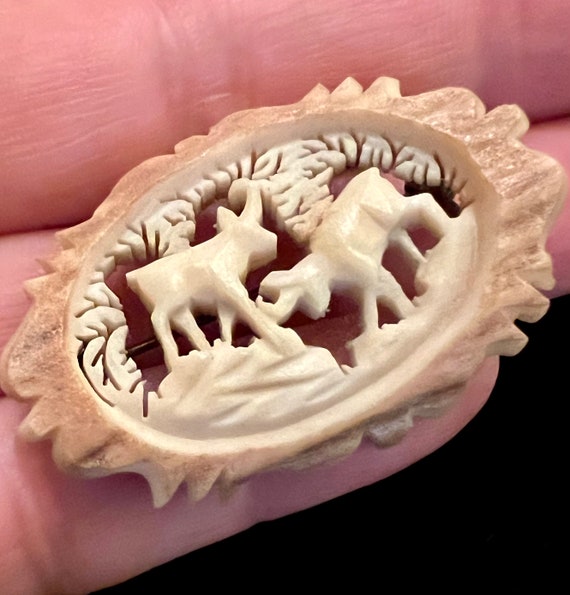 German Carved Bone- Roe Deer Couple “Antler” Pin-… - image 1