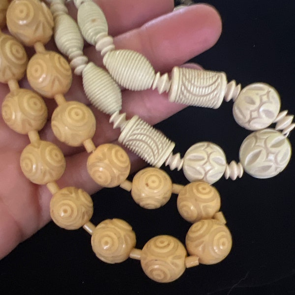 1930s Set of Art Deco-Machine Age Celluloid Necklaces (16”-Taupe, 15.5”- Beige Color)