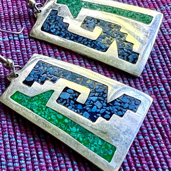 Bold Vintage Mexican Earrings- Gorgeous Aztec Pattern (1980s, Alpaca, Artisan Crafted): 2.25"