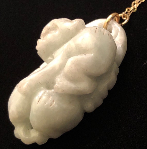 Carved Burmese Jade Pendant - Monkey, Peaches, I C