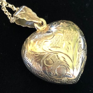 1970s-Chased Sterling Puffy Heart-1.25” ( New Rolo Sterling Silver Chain 18”)