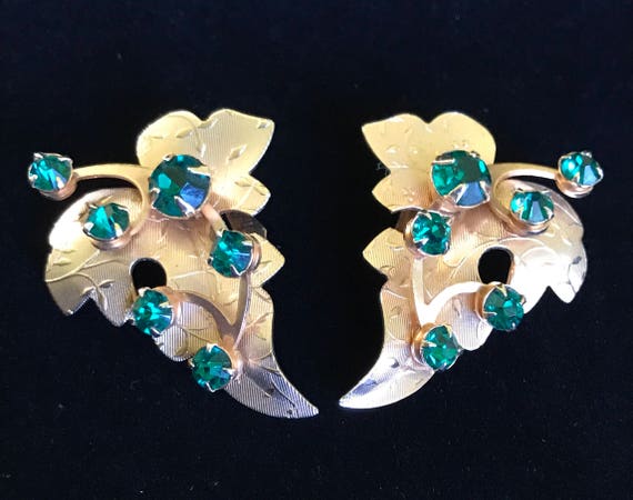 Golden Ivy Ear Climbers with Glass Emerald Accents