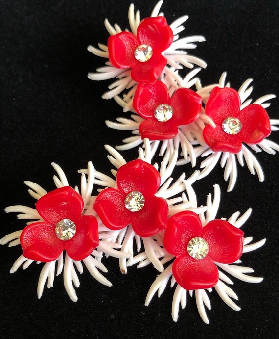 1930's Celluloid Floral Ear Climbers Glass Diamond