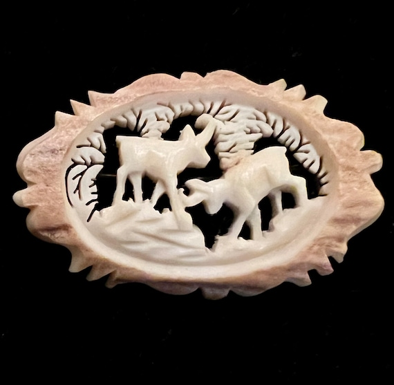 German Carved Bone- Roe Deer Couple “Antler” Pin-… - image 2