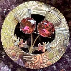 Sweet Mizpah Scottish Thistle Pin (Glass Amethyst, Silver-tone) Miracle, 1960s, 1.75"