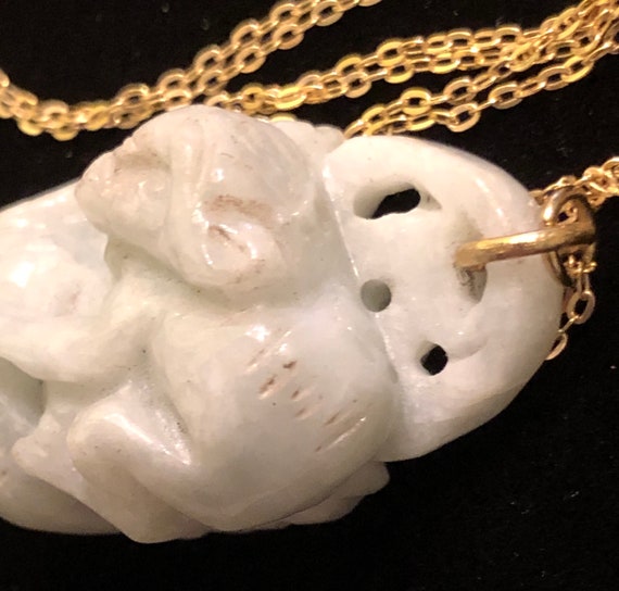 Carved Burmese Jade Pendant - Monkey, Peaches, I … - image 4