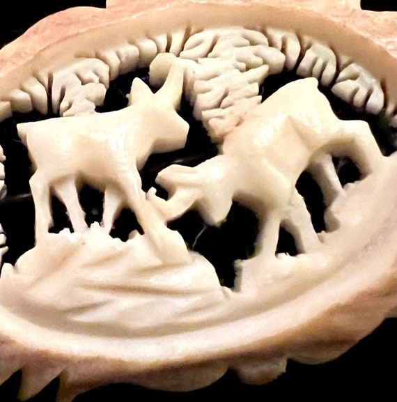 German Carved Bone- Roe Deer Couple “Antler” Pin-… - image 4