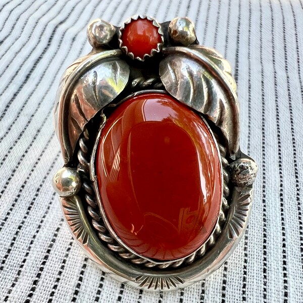 Zuni-Judy Wallace Silversmith (Sterling Silver, Coral & Carnelian, 1980s) Size 6, Face of Ring 1.30"