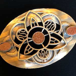 Antique Victorian Sash Pin 3.25” Gold Stone & Bronze