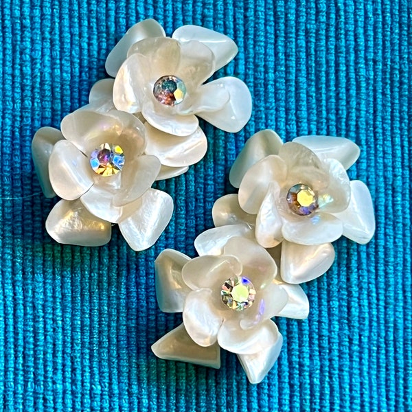 1950s Floral Ear Climbers West Germany (White Pearlescent Lucite, Glass AB Rhinestones): 1.75"