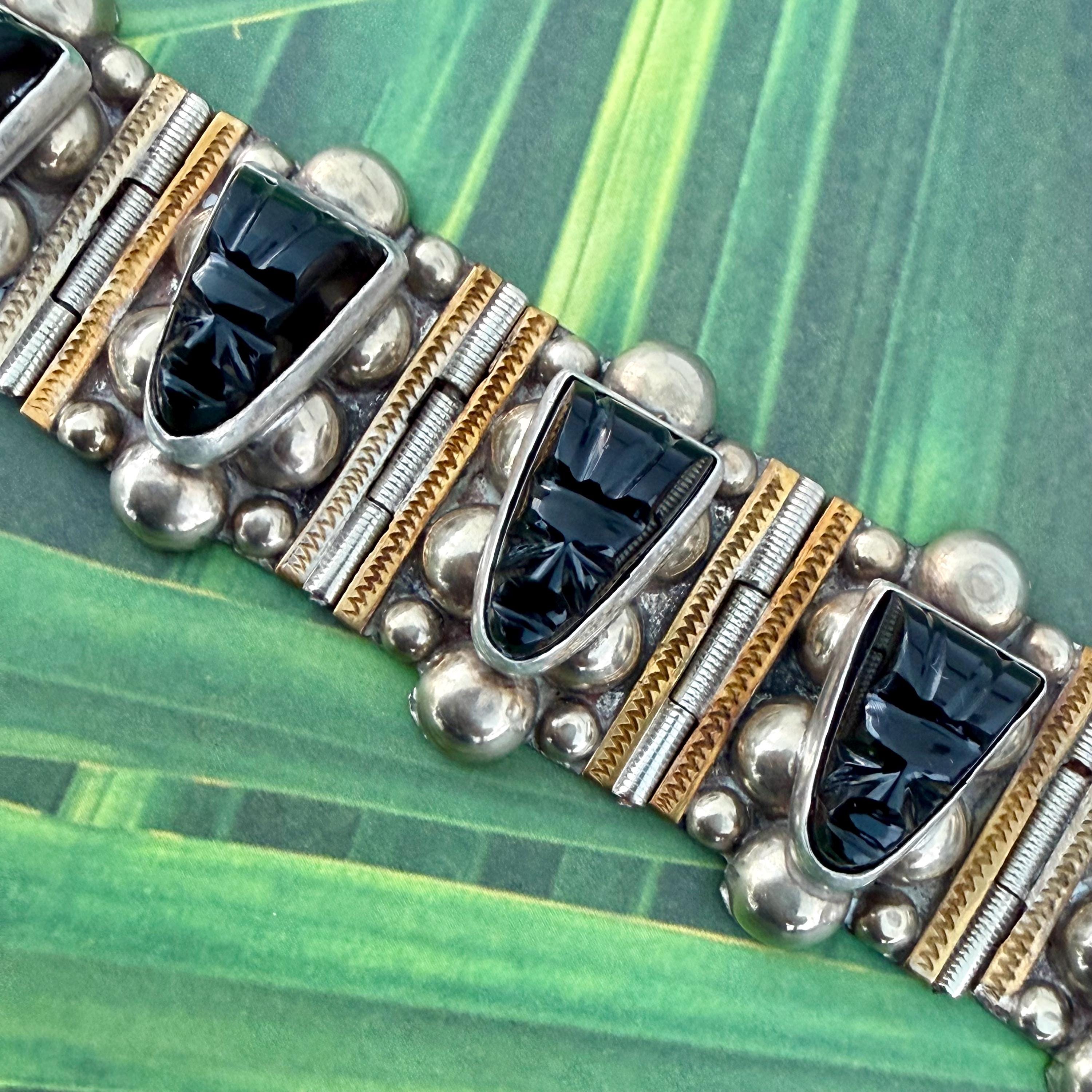 1940s Mexican Aztec Warrior Bracelet (black Onyx, Alpaca, Bronze