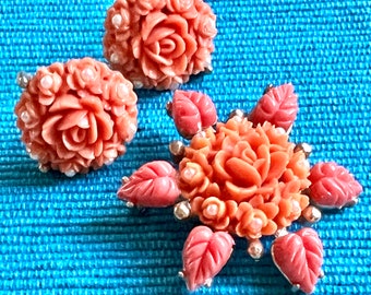 Pressed Celluloid Coral Roses with Seed Pearl Accents: Brooch (1.55”) & Earrings (.80”)-1935-1945