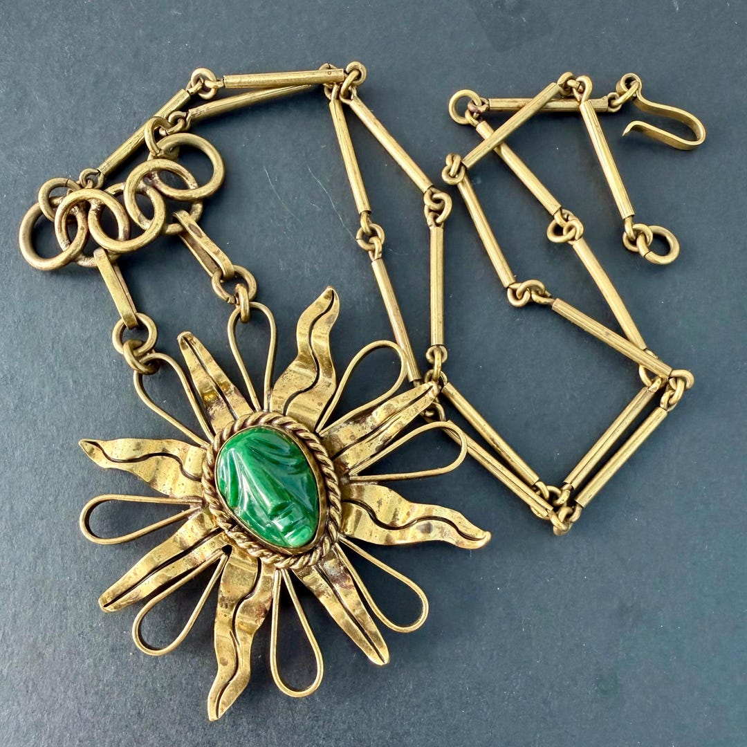 Mexican Aztec Sunburst Pendant (bronze, Green Chalcedony, 1960, Artisan ...