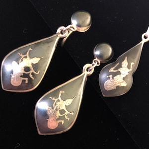 SALE Was 62.00 Now 40.00 Siam Nielloware Set- 1940-1950- Bold Drop Earrings and Pendant- Sterling